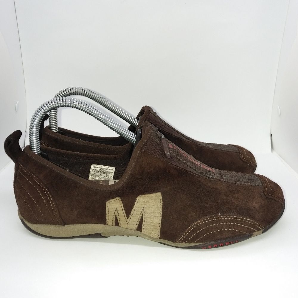 Merrell Brown Suede Slip-On Flats with Tan 'M' Accent